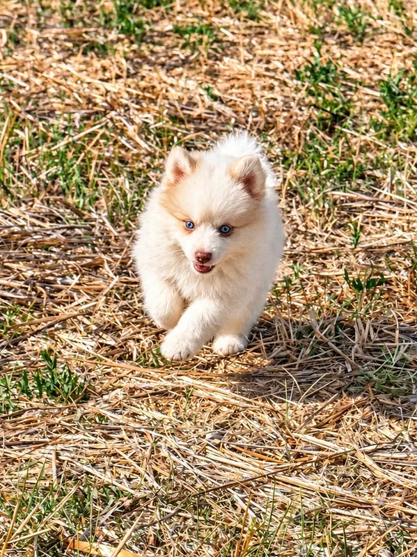 Béryl, chiot Pomsky Pinto blanche & crème